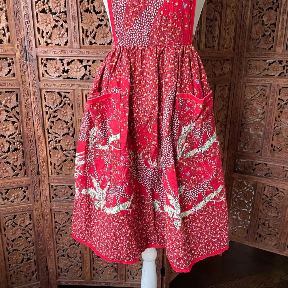 Vintage Handmade Unbranded Red Floral Halter Tie Apron Dress - Picture 4 of 8
